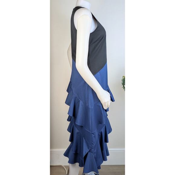 Sachin & Babi Sheath Dress Small Blue Black Colorblock Tiered Ruffled Sleeveless - Picture 5 of 12